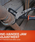 12 Inch Auto-Bite Tongue And Groove Pliers With Cushion Grip, Slim Jaw For Forty Percent More Access In Tight Spaces, One-Hand Jaw Adjustment tightening pipe