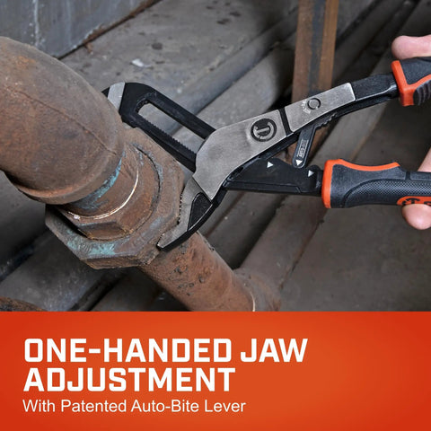 12 Inch Auto-Bite Tongue And Groove Pliers With Cushion Grip, Slim Jaw For Forty Percent More Access In Tight Spaces, One-Hand Jaw Adjustment tightening pipe