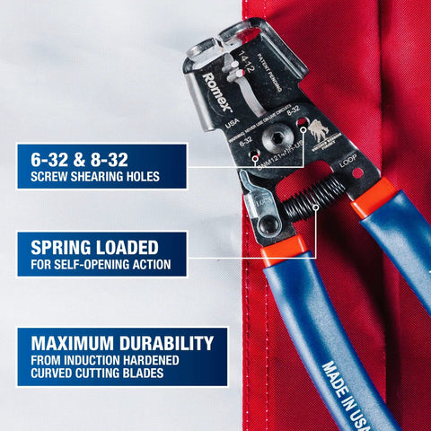 Dual Cutter And Romex Box Jaw Wire Stripper For 12/2 14/2 NMB Jackets And 12 And 14 AWG Solid Wire Pro Grade Large Curved Blade