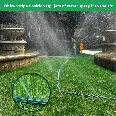 Sprinkler Hose And Soaker Hose For Yard 100 Feet Reinforced Flat Garden Hose With Holes spraying water on grass lawn