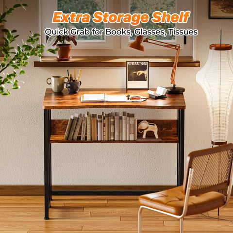 Foldable Computer Desk With Storage Shelf For Small Spaces Space Saving Sofa Table Beside The Couch Easy To Fold Rustic Brown Finish
