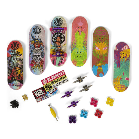 Fingerboard Bonus Pack With Six Real Graphic Mini Skateboards, Customizable Set with decks, wheels, stickers, and tool.