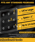 Diagram showing pegboard compatibility for Pegboard Bins Organizer Set 24 Pack Kickass Durable Storage Trays For Screws Nuts Bolts Hardware Crafts And Accessories