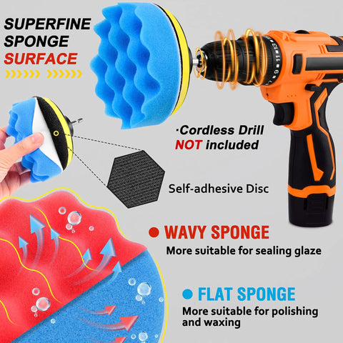 Car Detailing Kit With 26 Piece Pro Grade Polishing Pads Set In 3 Inch 4 Inch And 5 Inch Sizes Plus Drill Brushes Towels Microfiber Gloves Wool Pads Self Adhesive Discs For Drill Polisher And Buffer, showing sponges and drill attachment