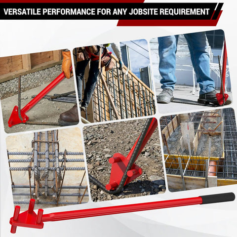 Fixum Heavy Duty Manual Rebar Bender For 5/8 Inch Steel Rods shown in use on job site, bending steel rod with lever handle.