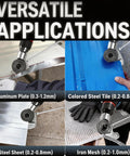 Pro Grade Workhorse Electric Drill Plate Cutter With Dual Wheel Metal Nibbler Attachment cutting aluminum plate, steel sheet, and iron mesh