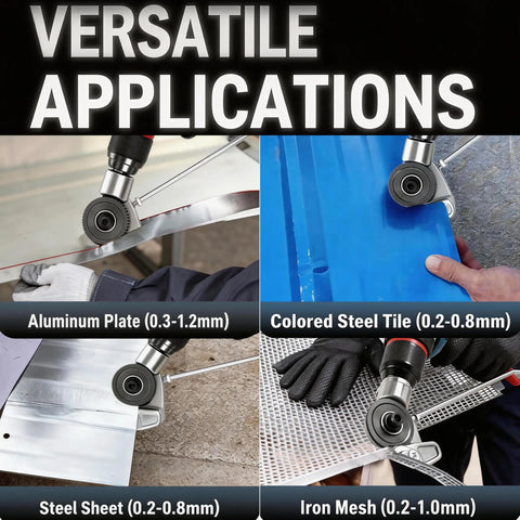 Pro Grade Workhorse Electric Drill Plate Cutter With Dual Wheel Metal Nibbler Attachment cutting aluminum plate, steel sheet, and iron mesh