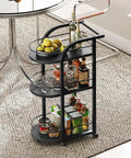 Black Three Tier Rolling Bar Cart Featuring Sturdy Safety Rails And Smooth Swivel Casters Crafted To Hold Your Goodies, displaying drinks and fruits.