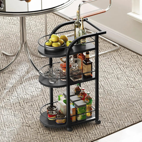 Black Three Tier Rolling Bar Cart Featuring Sturdy Safety Rails And Smooth Swivel Casters Crafted To Hold Your Goodies, displaying drinks and fruits.