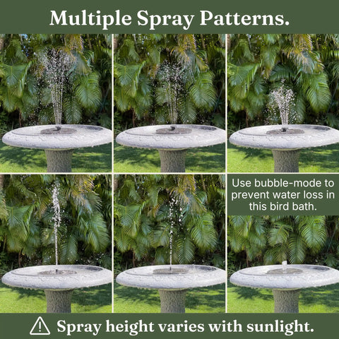 Pedestal Bird Bath With Solar Fountain For Outdoor Garden Decor Resin Stone Composite Standing Bird Bath For Patio And Yard No Fuss Install 23 Inch Tall Hummingbird Bowl Water Feature showing multiple spray patterns.