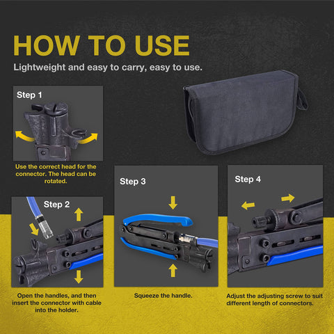 Instruction steps for using Coax Cable Crimp Kit With Adjustable Compression Tool, showing tool usage and adjustment features.