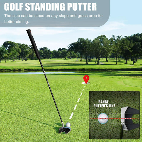 Standing Putter For Men 34 Inch with alignment aid on green, illustrating stable stance for right-handed players, 380g head shown