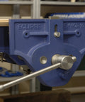 Close-up of Quick Release Woodworking Vise With Gray Cast Iron 10 Inch Opening Pro Grade Heavy Duty Dual Front Stop And Tail Vise