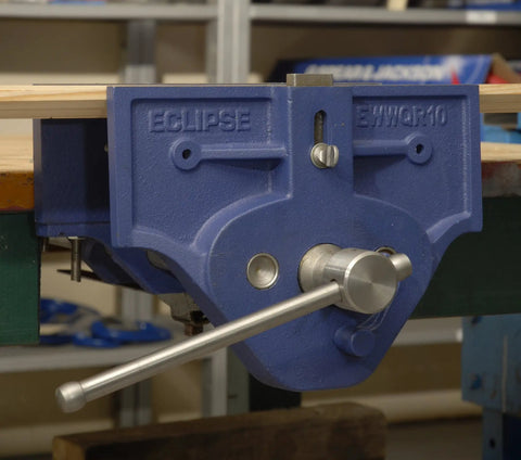 Close-up of Quick Release Woodworking Vise With Gray Cast Iron 10 Inch Opening Pro Grade Heavy Duty Dual Front Stop And Tail Vise