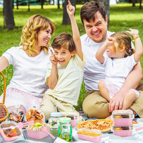 Family picnic featuring filled Heavy Duty Square Aluminum Foil Cake Pans 50 Pack Hot Pink 10oz with secure lids.