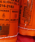 Label of 12 Foot Yellow Endless Round Sling For Heavy Duty Lifting And Recovery Jobs Built For Cranes And Wreckers Rugged Endless Sling With 8400 Lbs Vertical 6700 Lbs Choker 16800 Lbs Basket Capacity showing made in USA and load capacities.