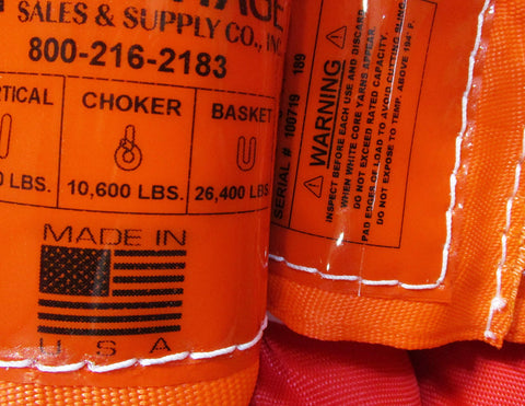 Label of 12 Foot Yellow Endless Round Sling For Heavy Duty Lifting And Recovery Jobs Built For Cranes And Wreckers Rugged Endless Sling With 8400 Lbs Vertical 6700 Lbs Choker 16800 Lbs Basket Capacity showing made in USA and load capacities.