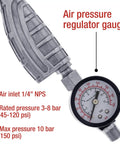 Air pressure regulator gauge with clear markings for Professional Grade Lightweight Pneumatic Undercoating Spray Gun For Automotive Rust Proofing Rubberized Truck Bed Liner And Badass Heavy Duty Protective Coating System.