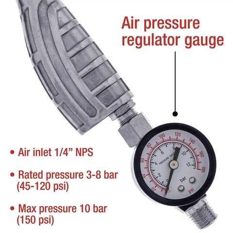 Air pressure regulator gauge with clear markings for Professional Grade Lightweight Pneumatic Undercoating Spray Gun For Automotive Rust Proofing Rubberized Truck Bed Liner And Badass Heavy Duty Protective Coating System.