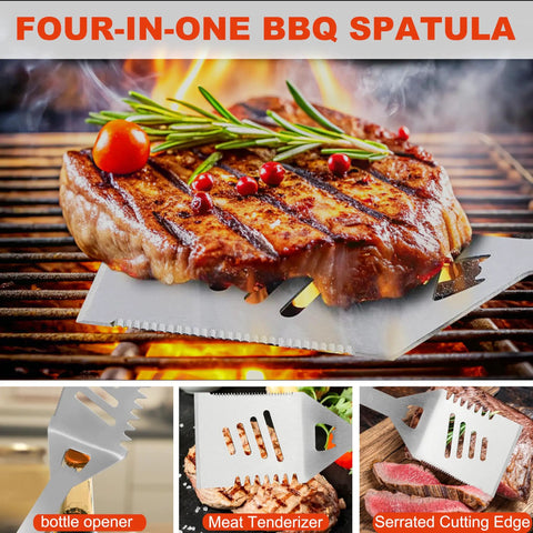 Four-in-one BBQ spatula with steak on grill, featuring bottle opener and serrated cutting edge.