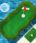 Floating Golf Green For Pool 47 By 24 Inches with ball retriever on water showcasing artificial grass and flag.