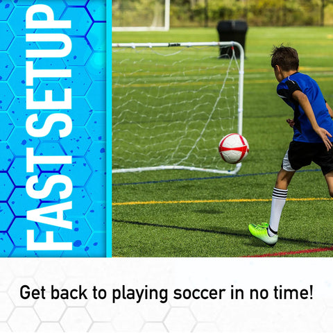 Child playing soccer with 4 Foot By 6 Foot Replacement Soccer Net With Self Sticking Straps For Easy Secure No Fuss Setup on field