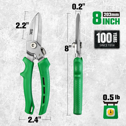 8 Inch Heavy Duty Scissors Industrial Shears With CRV Steel One Piece Construction And Induction Hardened Blades For Long Lasting Sharp Cutting Through Tough Materials All Purpose Utility Tool, green handle side view