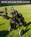 Golf cart with attached Soft Sided Collapsible Insulated Golf Cart Cooler Bag That Attaches To Cart Basket Or Fender on grass