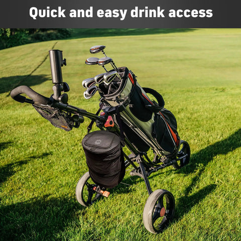Golf cart with attached Soft Sided Collapsible Insulated Golf Cart Cooler Bag That Attaches To Cart Basket Or Fender on grass