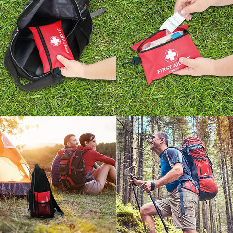 Front view of red mini first aid kit pouch (147-piece) with rotatable buckle beside a backpack outdoors.
