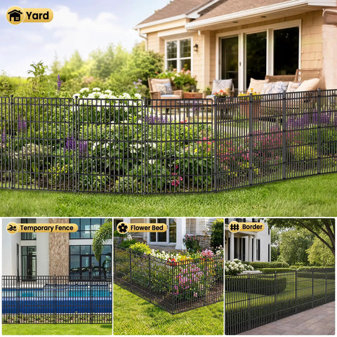 Easy To Install No Dig Garden Fence With Gate 44 Inch High 23.6 Foot Long Decorative Metal Outdoor Dog Fence installed in yard