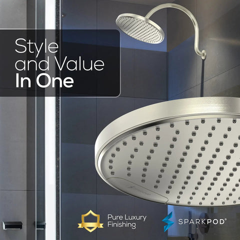 10 Inch Rain Shower Head With Ceiling Or Wall Mount, Ultra Wide Rainfall Coverage, Brass Ball Joint 360 Degree Adjustment in bathroom