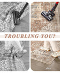 Before and after of non slip rug tape for rubber backing rugs preventing sliding on wood floors.