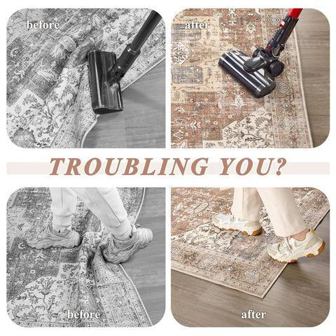 Before and after of non slip rug tape for rubber backing rugs preventing sliding on wood floors.
