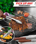 Heavy Duty Rosewood BBQ Tools Set with extra thick stainless steel tongs holding meat on grill, ideal for outdoor grilling mastery