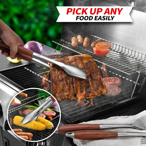 Heavy Duty Rosewood BBQ Tools Set with extra thick stainless steel tongs holding meat on grill, ideal for outdoor grilling mastery
