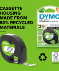 DYMO label refills package and cassette with white paper label, made from 80% recycled materials, 12mm x 4m size.