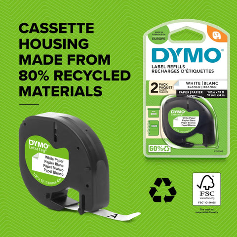 DYMO label refills package and cassette with white paper label, made from 80% recycled materials, 12mm x 4m size.