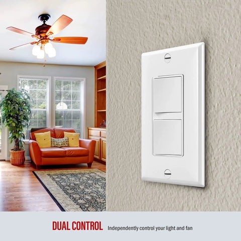 Go-To Dual Paddle Rocker Decorator Light Switch For Homes And Offices, Single Pole 15A 120-277VAC installed on wall