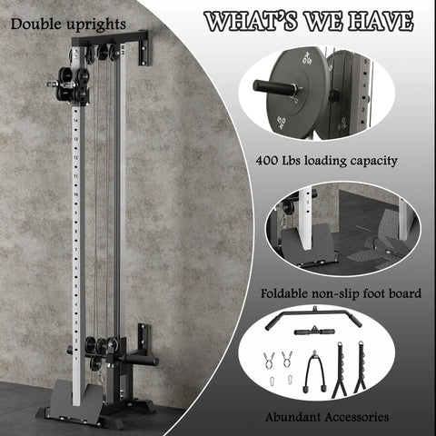 Heavy Duty Wall Mount Cable Crossover Machine Dual Pulley Home Gym System with 400 lb capacity and double uprights.