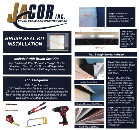 Installation guide for Heavy Duty 2 Inch Brush Seal Kit For Roll Up Commercial Steel Doors with tools and steps.