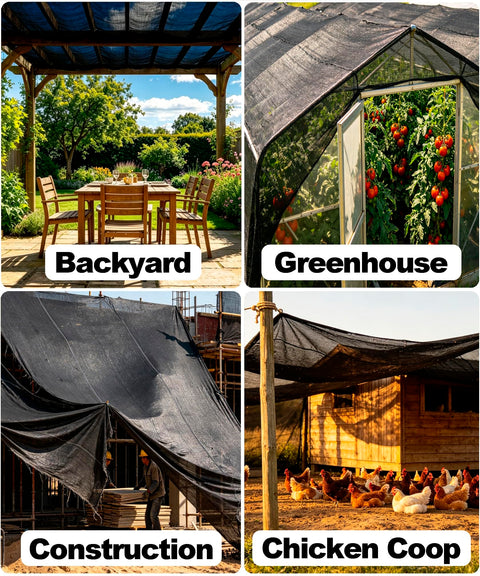 Black Shade Cloth 70 To 80 Percent UV Protection 20 Feet By 20 Feet Sun Mesh Net in backyard, greenhouse, construction, and chicken coop.