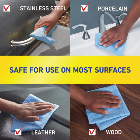 Microfiber Cleaning Cloth Bundle 14 By 14 Inches Blue Pack Of 24 Washable And Reusable cleaning stainless steel and wood surfaces.
