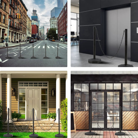 Six Pack Traffic Barricade Delineator Posts With Fillable Base For Crowd Control Adjustable Stanchions in various settings
