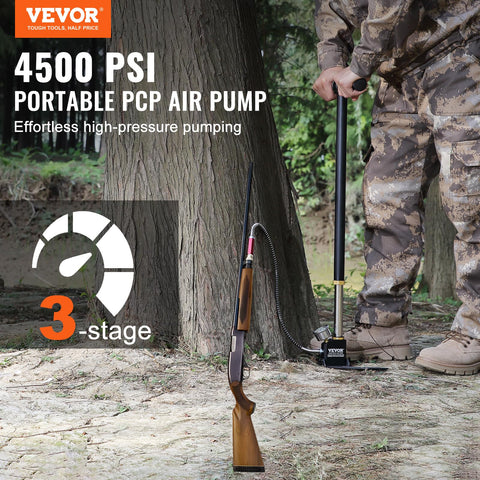 Person using Three Stage High Pressure Hand Pump For PCP Air Guns Stirrup Pump Filling Tool Up To 30 MPa in a forest