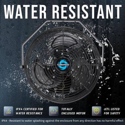 Beefy Outdoor Wall Mounted Fan Weatherproof IPX4 12 Inch High Velocity Metal Fan With 3 Speed Settings shown water resistant
