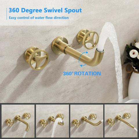 Brushed Gold Wall Mount Bathroom Faucet With Vintage Widespread Design, Dual Round Handles, Vessel Sink Ready, And 360 Degree Swivel Spout For Smooth Flow, No Fuss Install, Industrial Chic Bath Fixture