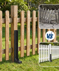 No Fuss Heavy Duty Fence Post Repair Kit With Ground Stakes To Quick Fix Leaning Or Rotted Wood Fences tough black steel anchor beside wooden fence.