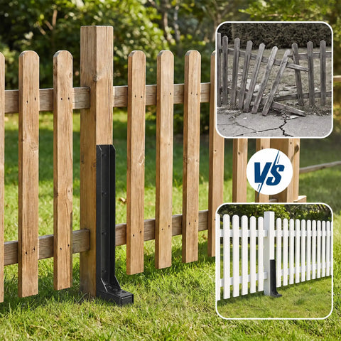 Built Tough Heavy Duty 11 Gauge Fence Post Repair Stakes Six Piece Black Kit supporting leaning fence post close-up