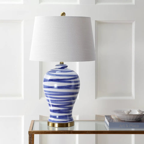 Blue And White Ceramic Table Lamp 29 Inch Tall With White Linen Shade For Living Room Bedroom Or Office Coastal Vibe Modern Nightstand Lamp With Energy Saving LED Bulb Included.